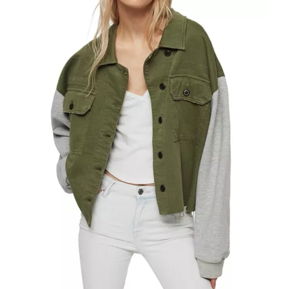Allsaints Cropped Twofer Military Jacket (Size XS/S) Morten Mixed Media Raw Hem